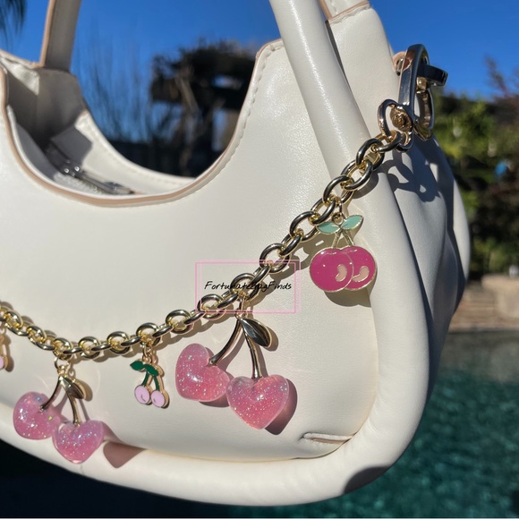Baby Pink Heart Cherry Bag Charm Chain Purse Charm Chain Strap FortunateBagFinds - Picture 8 of 12
